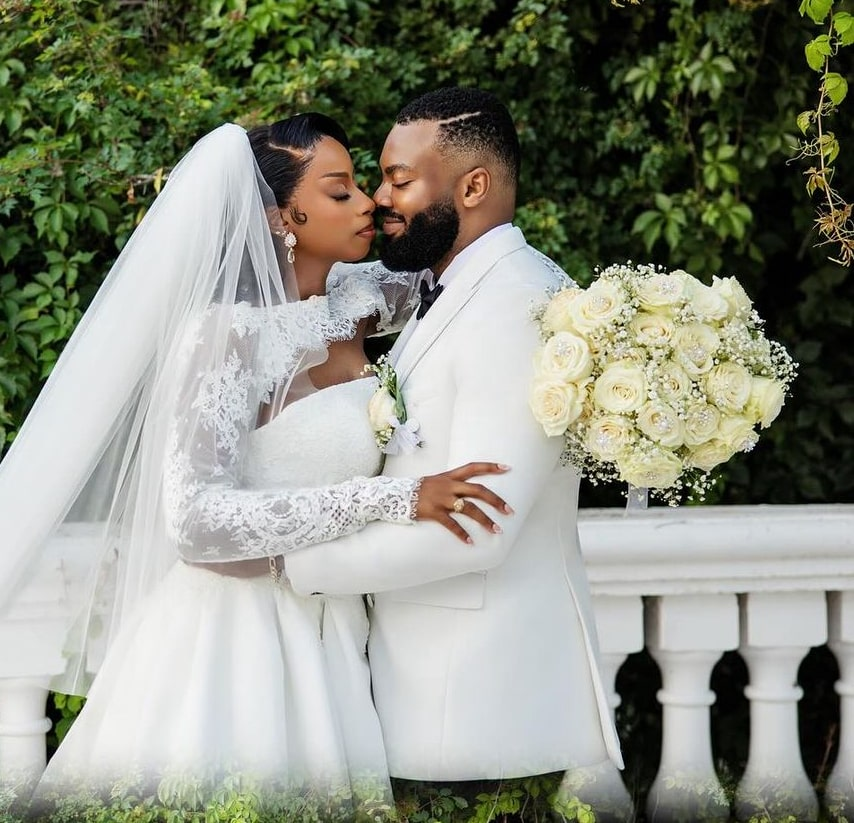 Bride and groom in garden